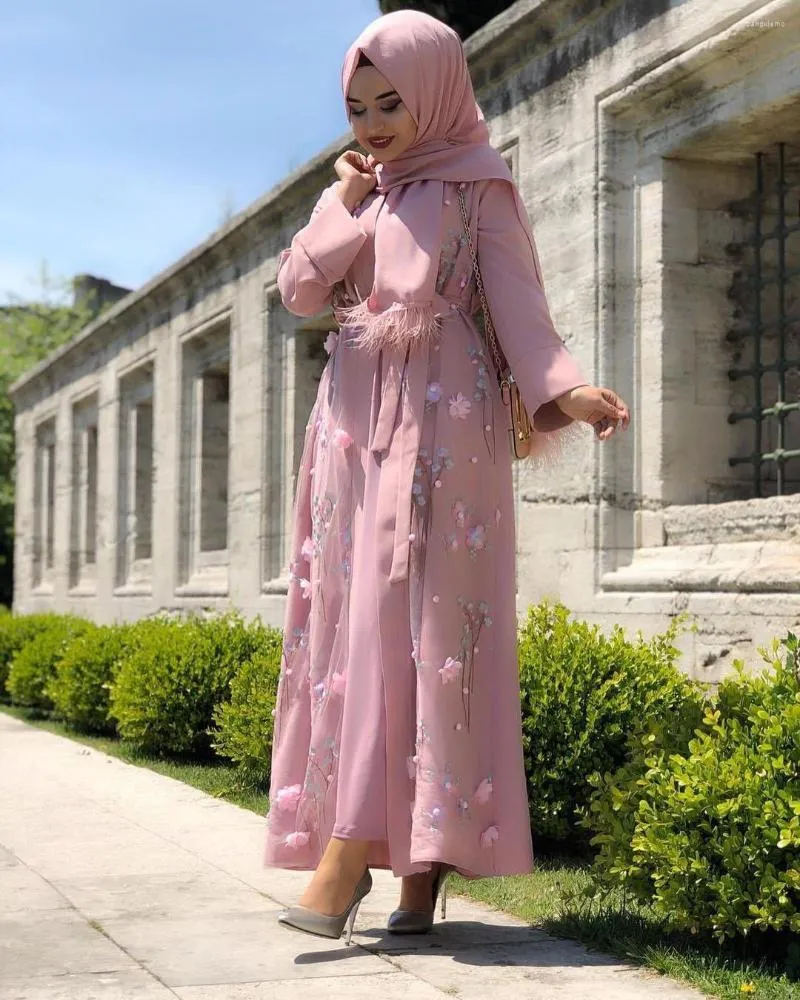 Abbigliamento etnico Fiori tridimensionali Aperto Abaya Women Ramadan Cardigan con lacci Kaftan Turkey Hijab Dress Abbigliamento moda musulmana Dubai