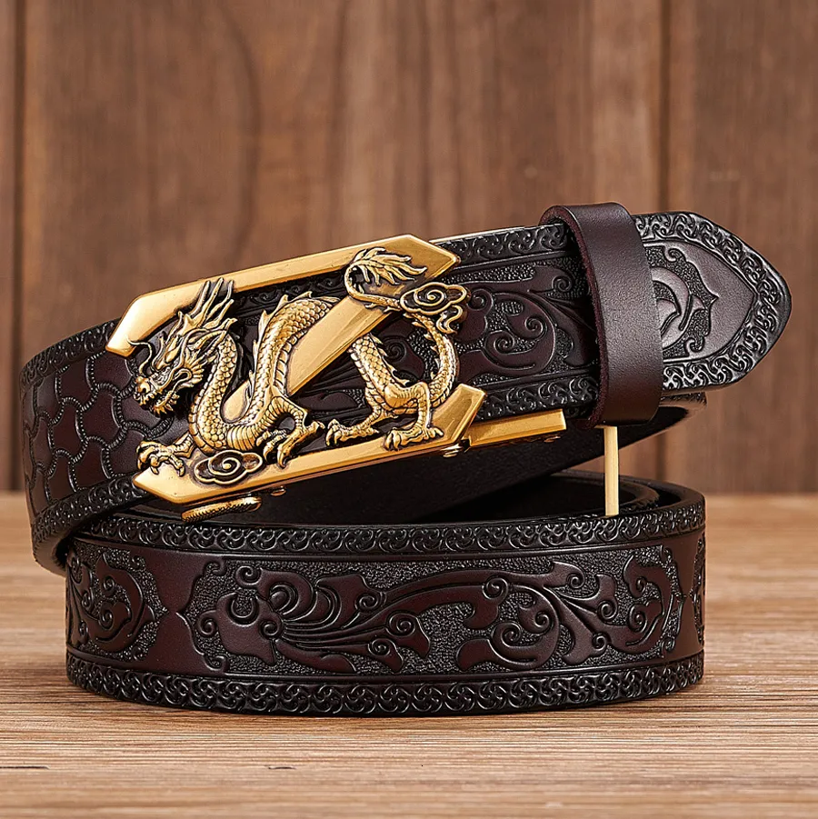 Ceintures 35 cm mode gaufrage rétro mâle pour hommes affaires peau de vache en cuir véritable ceinture Dragon motif automatique boucle sangle 230728