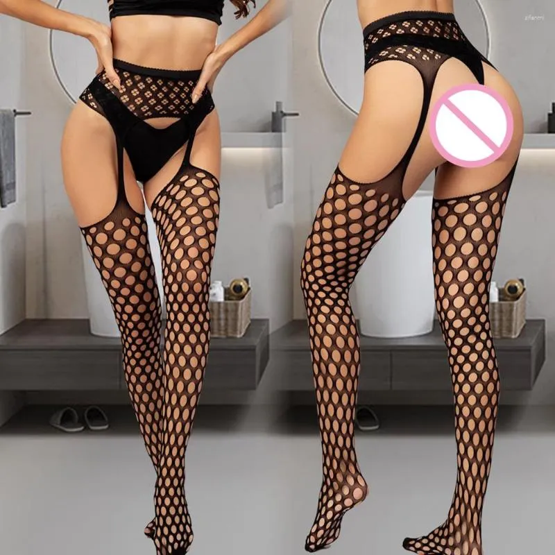 Kvinnliga strumpor sexiga fisknätbyxor Hål ut Suspender Tights Lår höga strumpor Öppna Crotch Lady Costumes Underwear Set