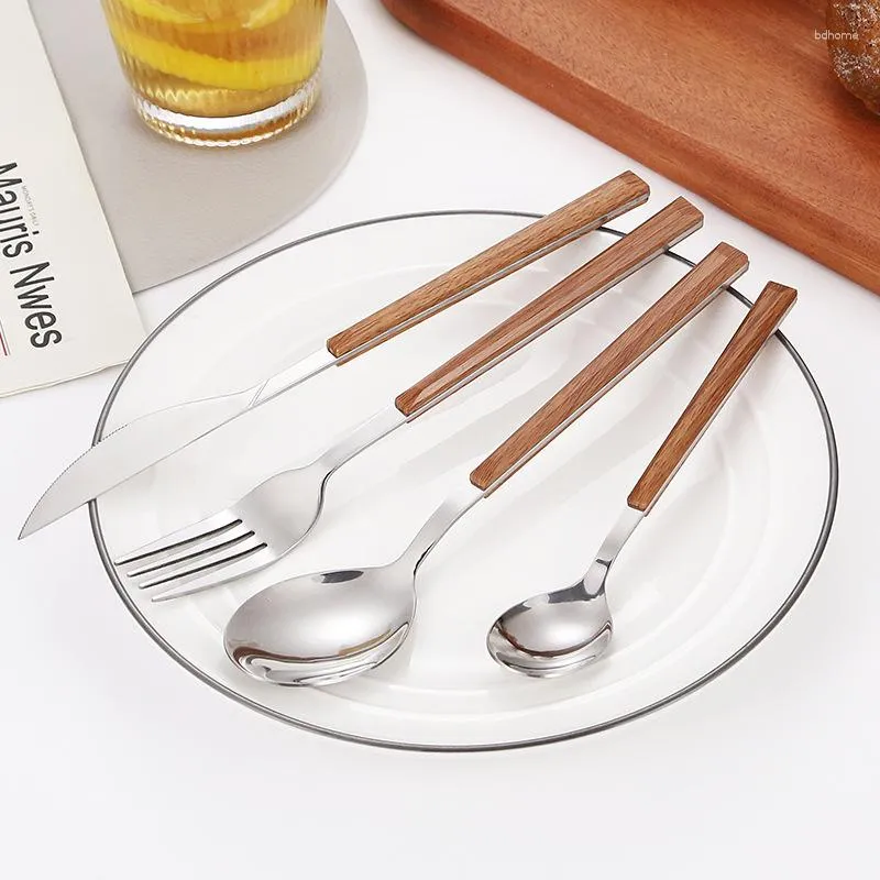 Set di posate Jaswehome 410SS 4 pezzi Set di posate Grade finta grana del legno Manico Coltello da bistecca Forchetta Cucchiaio Stoviglie Argenteria