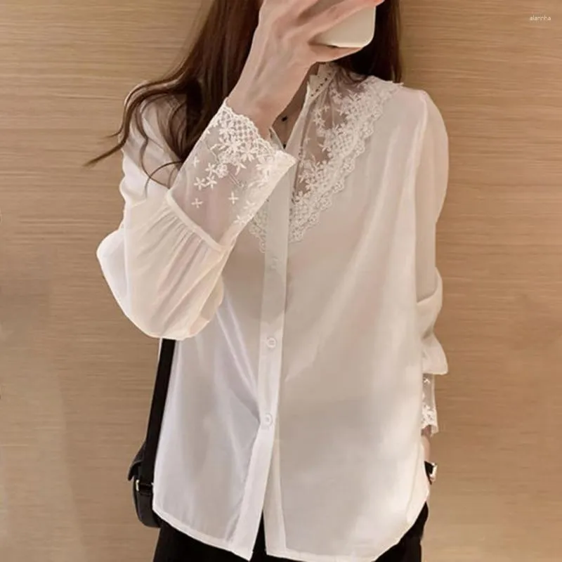 Women's Blouses Women Long-sleeve Top Floral Embroidered Lace Patchwork Shirt Elegant Stand Collar Soft Spring-fall Blouse For Ol