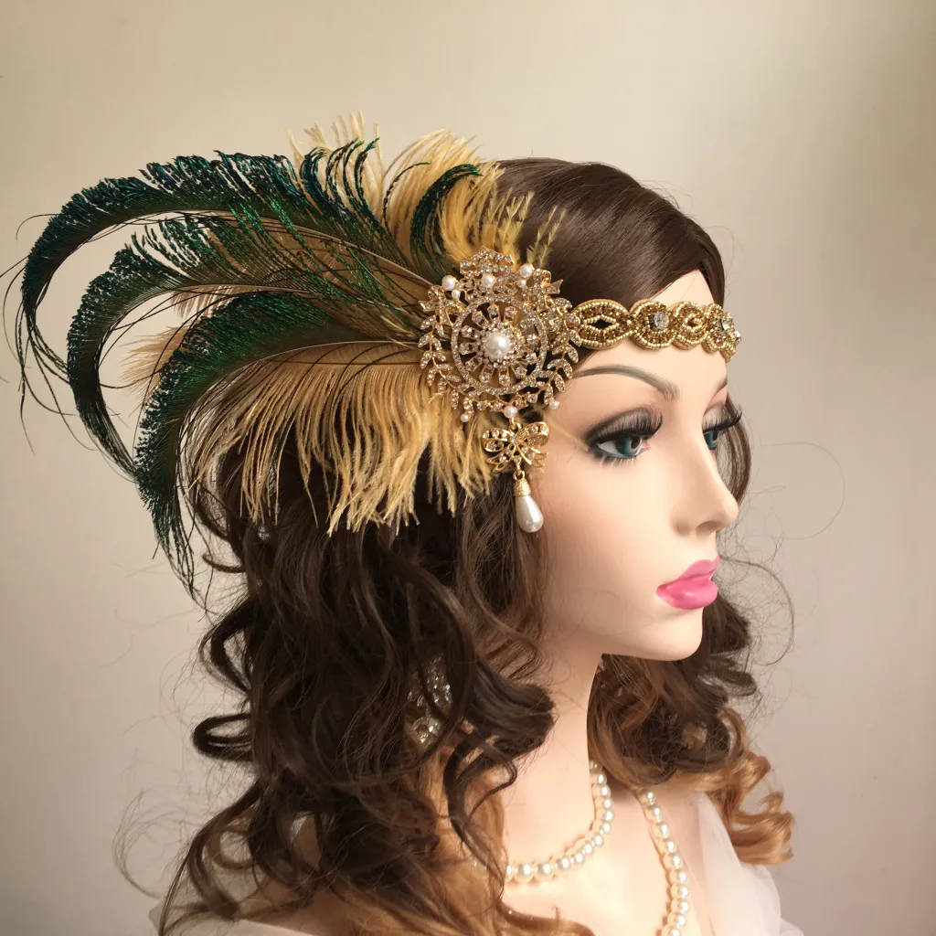 Headwear Hair Accessories Gatsby Feather Headband for Woman Shiny Gold Beaded 1920s Inspired Leaf Medallion Forehead Decoration 230729