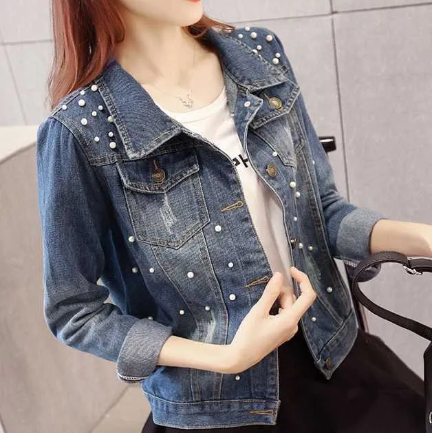 Fat mm large perle denim court femmes version coréenne style collégial clou perle trou veste ajustée