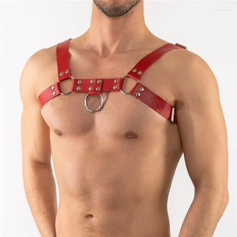 Conjuntos de sujetadores fetiche Gay ropa cuero hombres arnés cinturones cuerpo Sexual Bondage correas lencería Punk Rave gótico moda pecho cinturón rojo