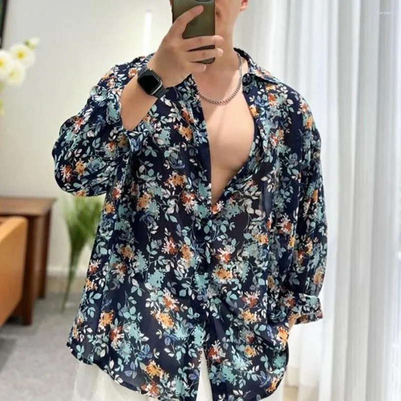 Men's Casual Shirts Fashion Floral Shirt 2023 Summer Thin See Through Outerwear Luxury Mens Clothing LGBT Blouse Trendy Streetwear