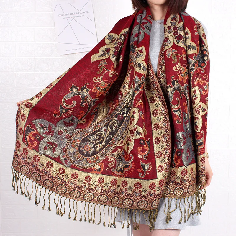 Scarves Paisley Pashmina Shawl Scarf Women Jacquard Cashew Printed Double side Flowers Borders Female Tassel Blanket Wraps 230729