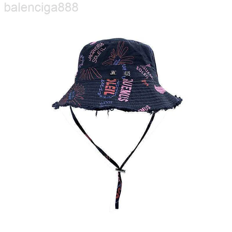 Designer Jacquemes Bucket Summer Wash Big Brim Bucket Hat Feriado Fur Brim Rope Protetor Solar Chapéu de Sol Feminino Preto