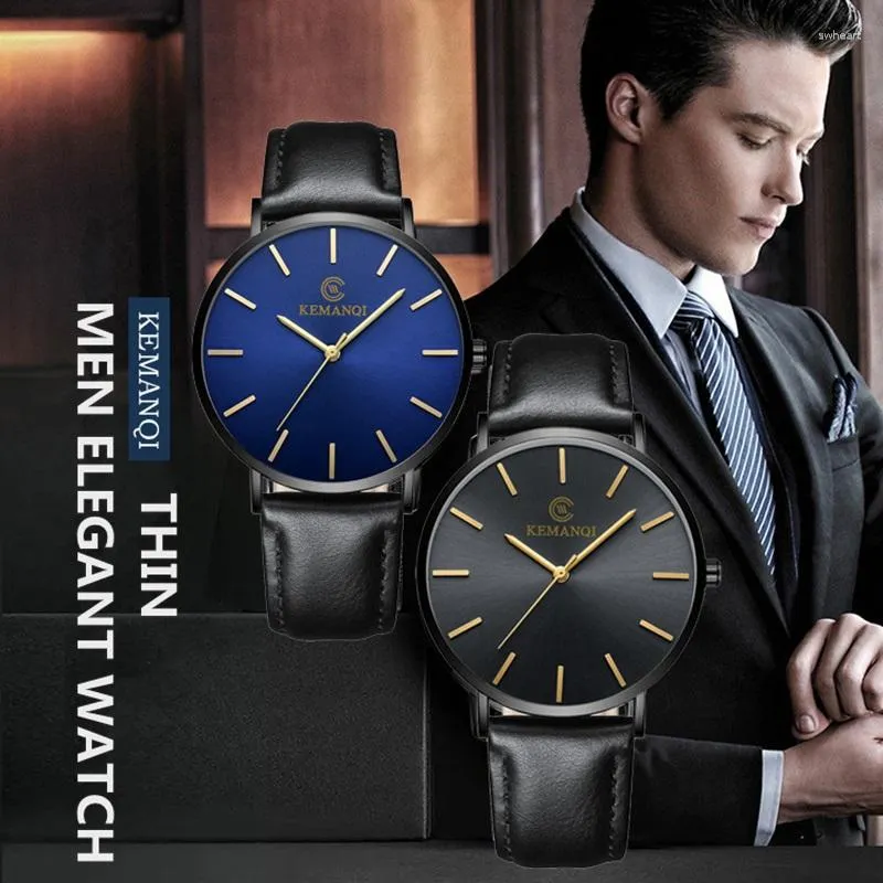 腕時計2023超薄型メンズウォッチラグジュアリーブルーラウンドダイヤルビジネスシンプルマンウォッチレザーストラップ学生時計レロギオ