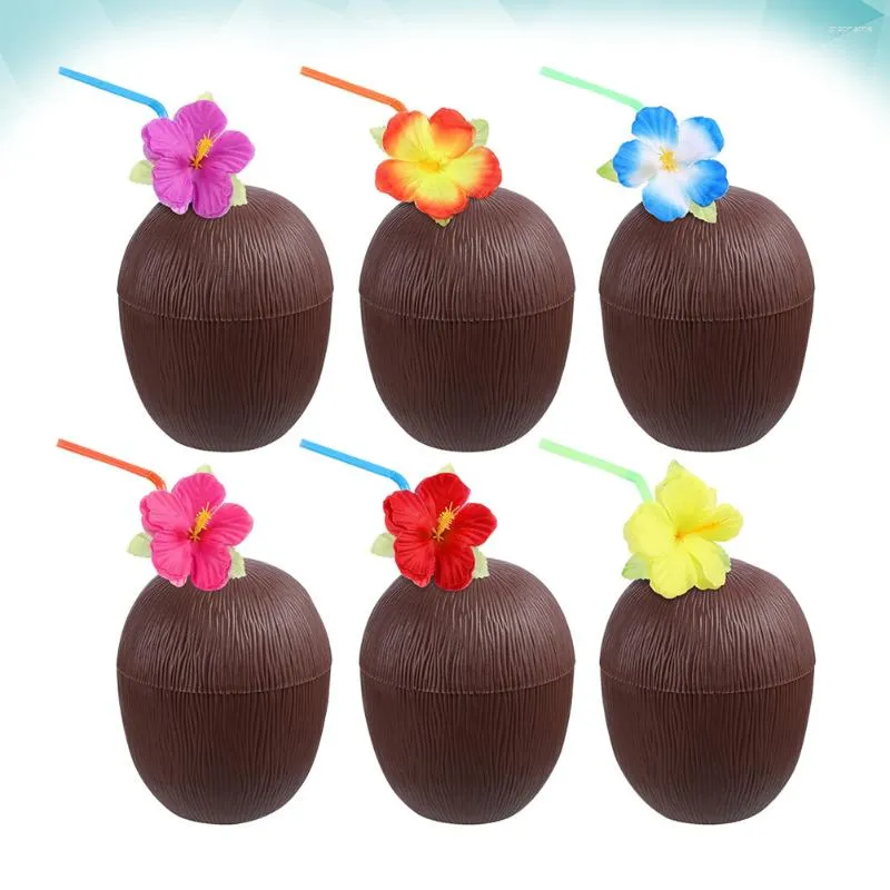 Wegwerpbekers Rietjes 6 stks Kokos Hawaii Party Drinken Draagbare Plastic Water Strand Accessoires Met Bloem Voor Bar