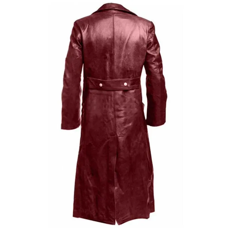 Mens Long Leather Trench Coat Slim Fit Notched Collar Overcoat Full Length Leather Jackets Steampunk Military Jackets At Men's Clothing Store