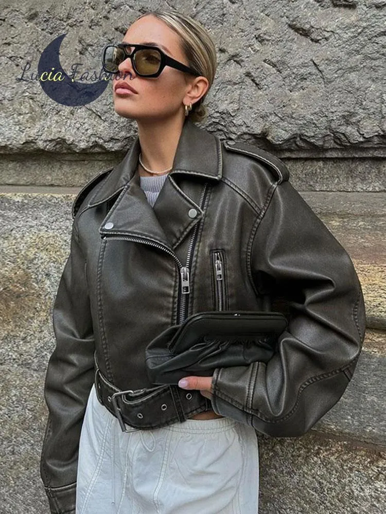 Frauen Jacke Punk Leder 2023 Sommer Streetwear Pu Kurze Mode mit Gürtel Y2k Retro Weibliche Highstreet Chic Mantel in 230728