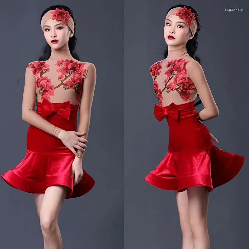 Stage Wear Mesh Sleeves Red Velvet Latin Dance Dress Girls Cha Rumba Samba Child Competition SL7860