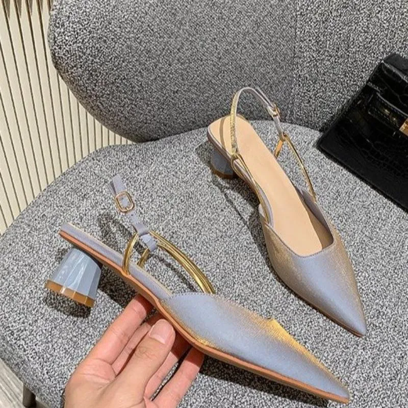 Spetsiga sandaler Silk Womens French Summer Cover Toe Ankle Buckle Strap Pumps Strange Mid Heels Elegant Shoes 547