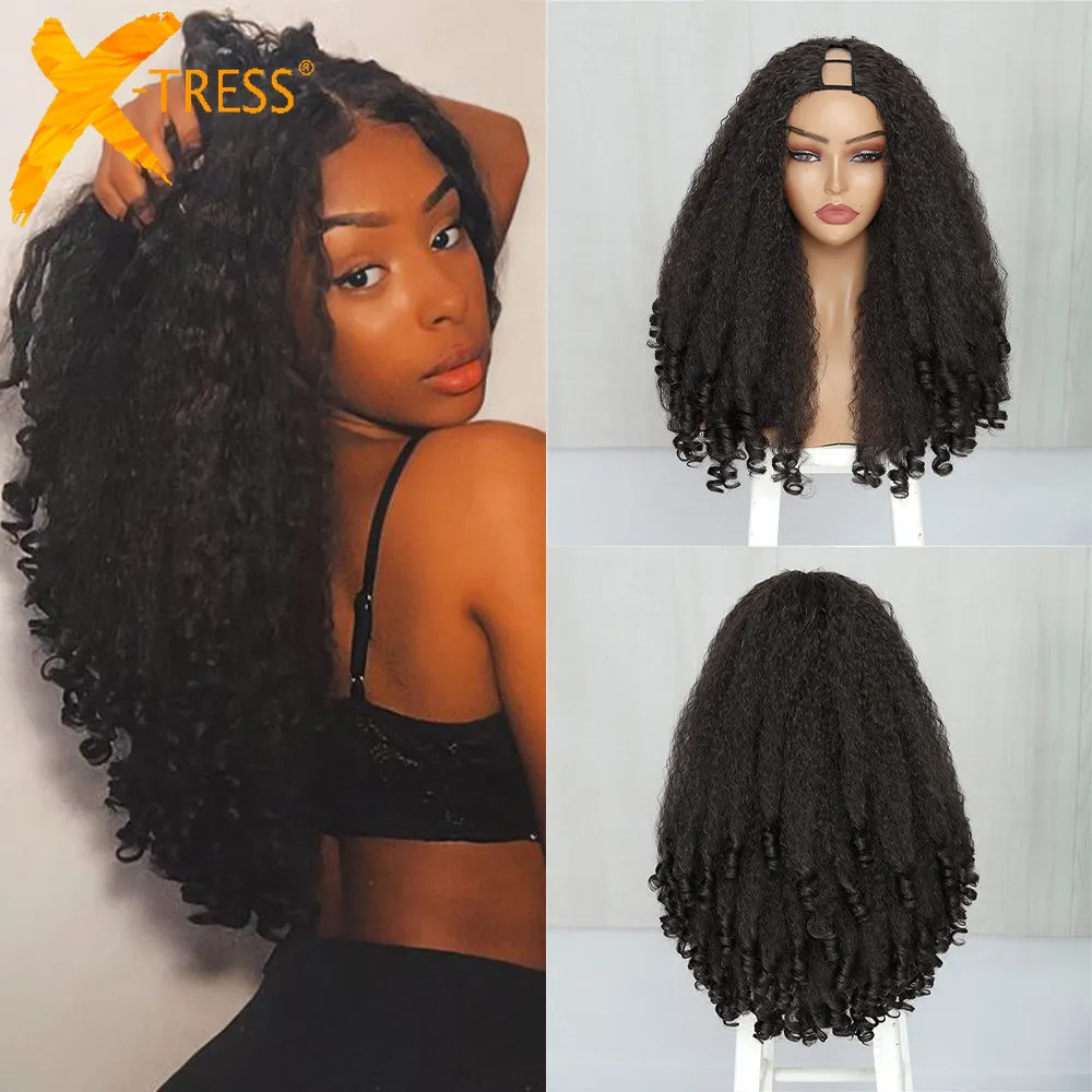 Cosplay s xtress afro curly v del med bouncy curls syntetiska kinky rak glueless hår för kvinnor ingen lämna klipp i halva 230728