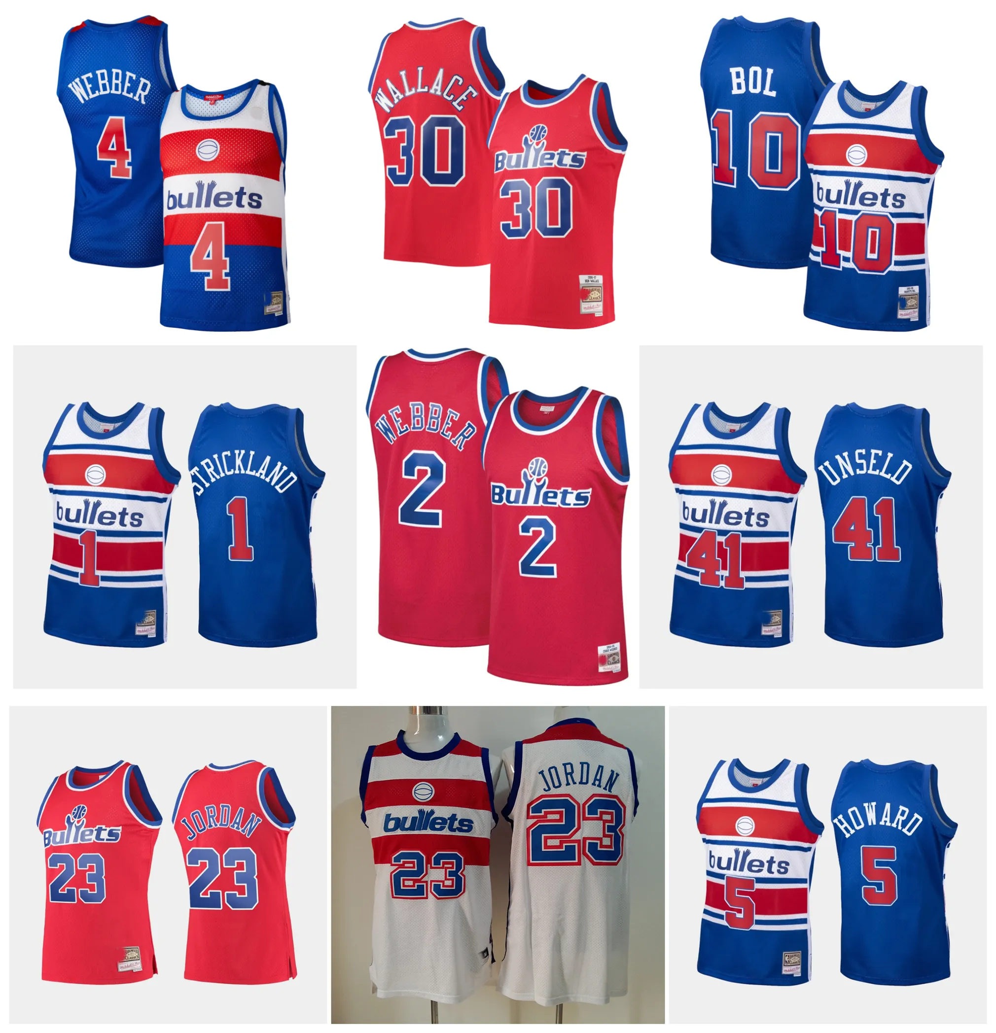 23 Michael Jordan Bullets Basketballtrikot Washingtons Chris Webber Manute Bol Ben Wallace Wes Unseld ROD STRICKLAND Throwback Blau Größe S-XXL