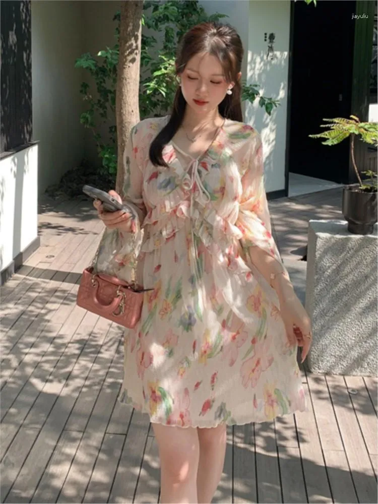 Casual Dresses Women Floral Print Pleated Midi Dress Fashion Party Vestidos Lace Up Chiffion Summer Sexy V-neck Long Sleeve Short