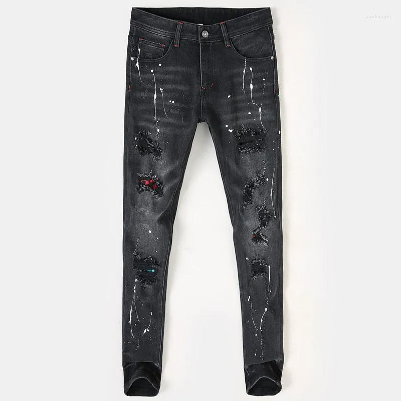 Jeans pour hommes High Street Fashion Hommes Rétro Noir Gris Stretch Peint Maigre Déchiré Patché Designer Hip Hop Pantalon Hombre