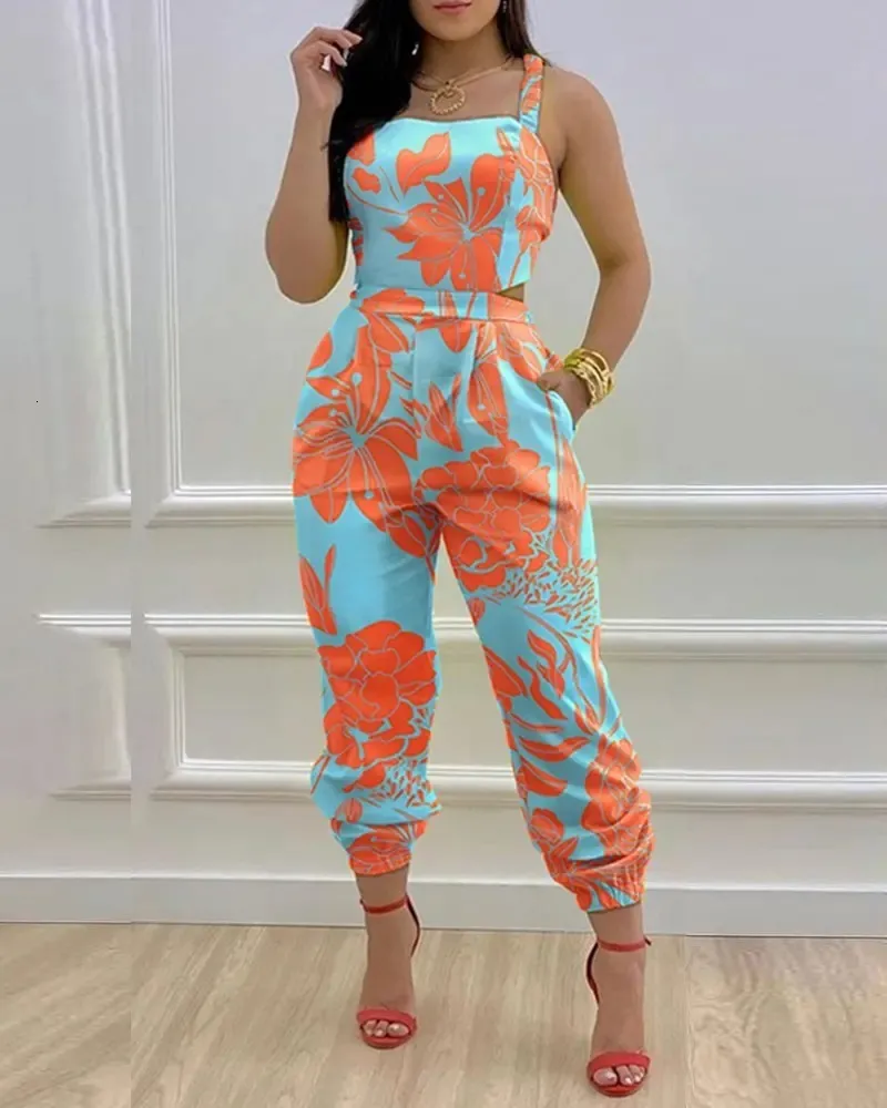 Women's Jumpsuits Rompers Women's jumpsuit Summer Sexy Backless Bandage Hollow Printed Loose Jumpsuit Wide Leg Pants Women's Elegant jumpsuit 230728