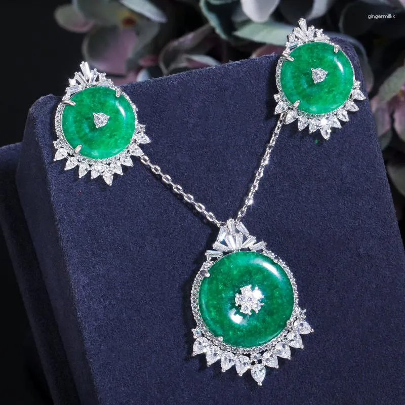 Necklace Earrings Set ThreeGraces Green White Cubic Zirconia Stone Fashion Big Stud And Pendant For Women Party Jewelry JS607