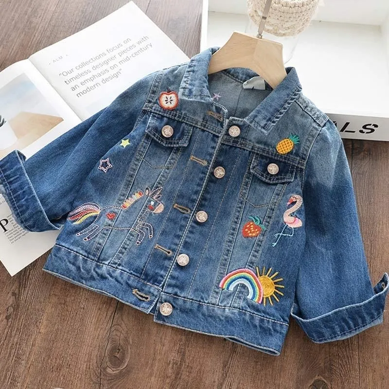 Giacche Ragazze Primavera Autunno Cappotti di jeans Bambini Cartone animato Unicorno Capispalla Bambini Moda Ricamo Abbigliamento 2 8 anni 230728