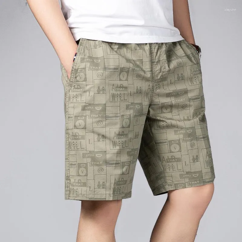 Shorts Masculino Primavera e Verão Cintura Elástica Calças de Praia de Algodão Elegante Casual Comprimento do Joelho Curto