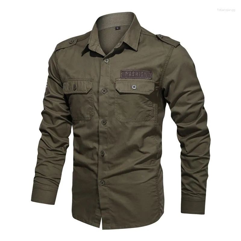 Mens Casual Shirts 95 Cotton Cargo Shirt Men Solid Long Sleeve