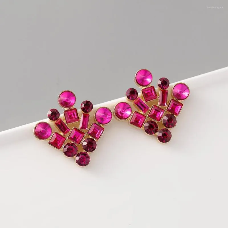 Stud Earrings Simple Classic Geometric With Fuchsia Crystal Ear Accessories For Women Party Wedding Jewelry