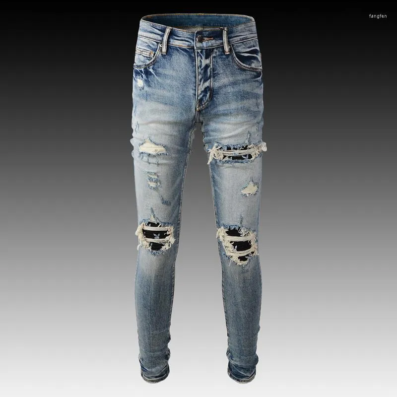 Herren Jeans High Street Fashion Männer Retro Hellblau Elastisch Slim Fit Destroyed Ripped Patch Designer Hip Hop Marke Hosen