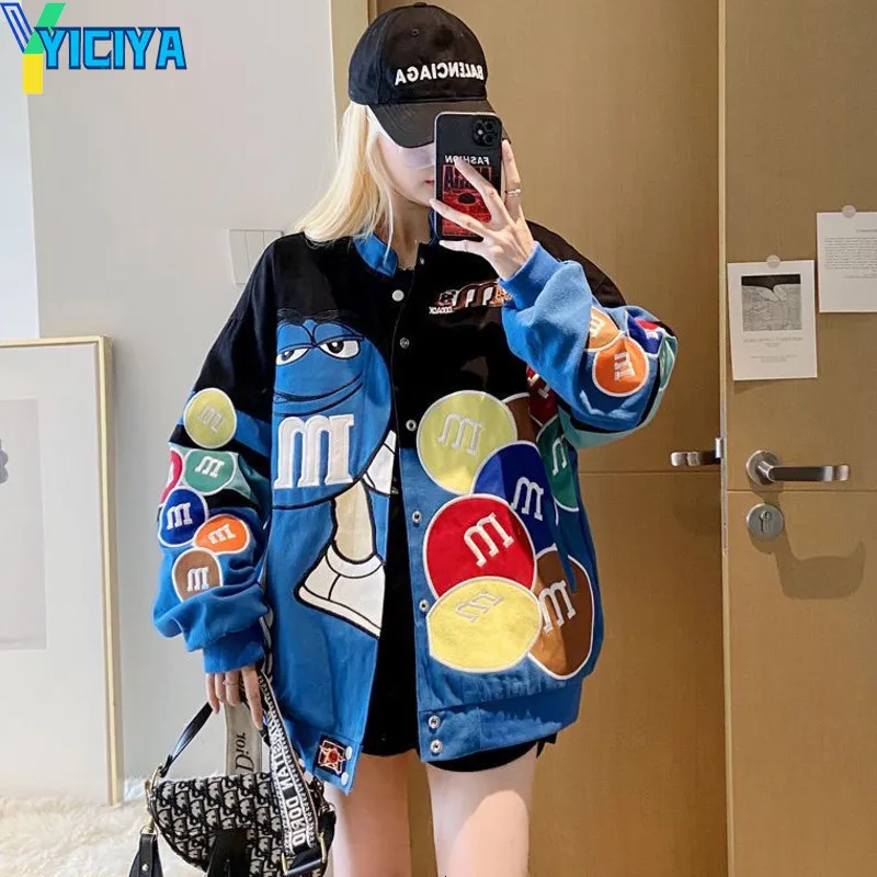 Kvinnorjackor Yiciya Bomber Woman Varsity Jacket Racing Blue American Embroidery Motorcykel Punk University Baseball Jacket Långärmare Päls 230728