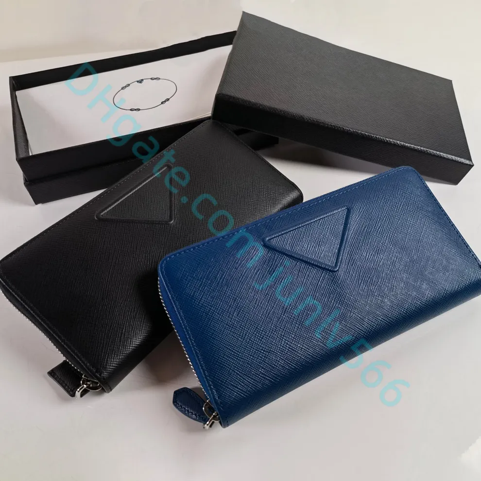 Saffiano-Geldbörse, luxuriöse Modedesigner-Geldbörsen, Unisex-Clutch-Geldbörsen, Bargeld-Geldbörsen, mehrlagige Geldbörsen, Business-Damen-Geldbörsen-Etui, Dreieck-Logo-Münzbrieftasche mit Box