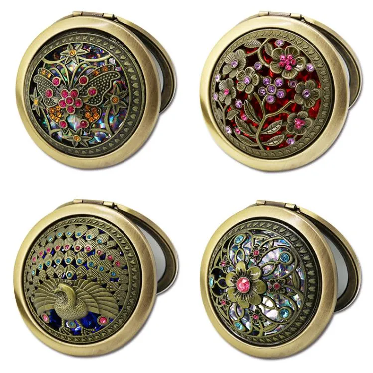 Hot Koop Metalen Zak Cosmetische Spiegels Hand Compacte Make Koper Plating Retro Uithollen DIY Draagbare Opvouwbare Spiegel Geschenken SN830