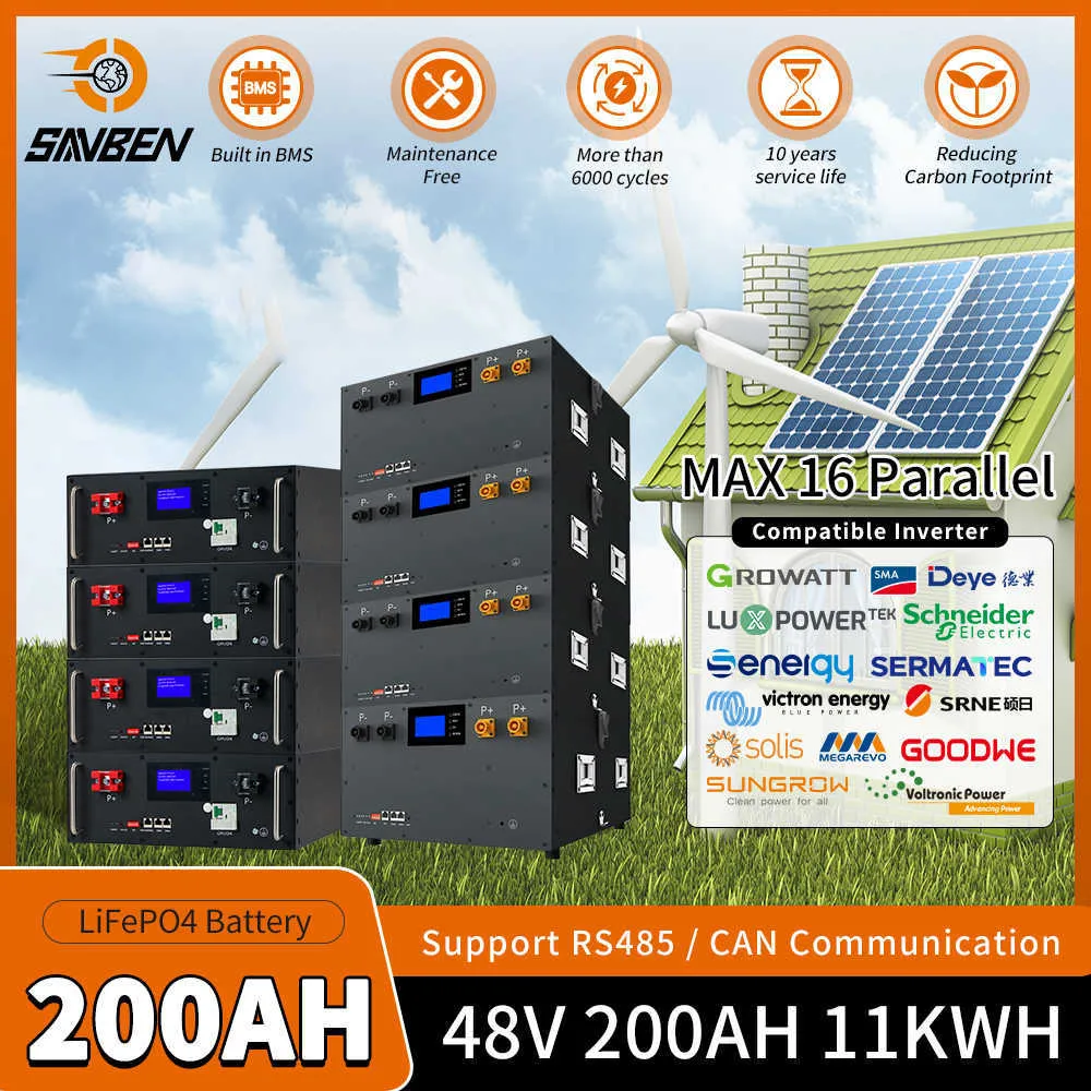 LiFePO4 48V 50AH 100AH 200AH Battery 51.2V 5KW Lithium Solar Battery Cycle RS485 CAN 16S 100A BMS Max 16 Parallel For Inverter