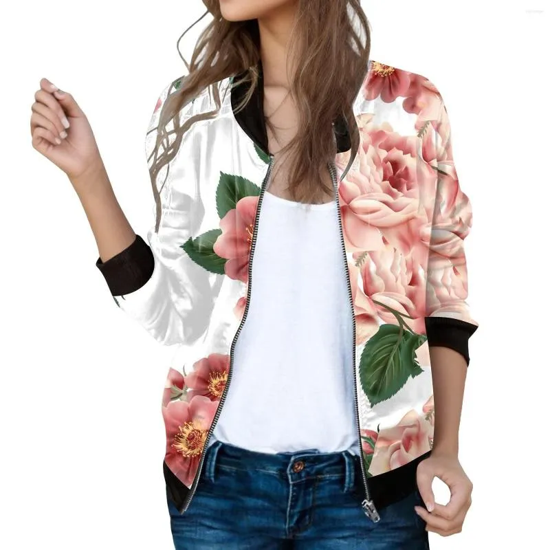 Damesjassen Dames Casual Dagelijks Lichtgewicht Jack met rits Bloemenprint Jas Opstaande kraag Kort en jassen