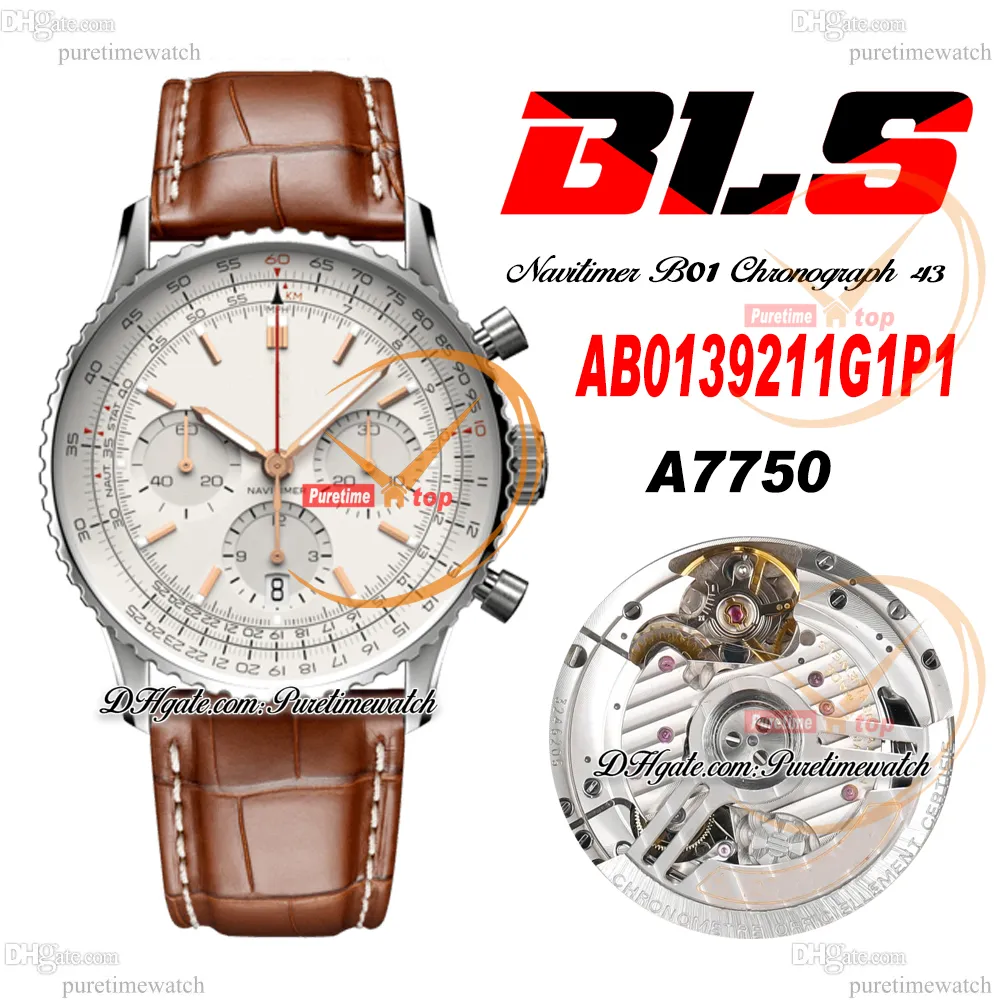 BLS Navitimer B01 ETA A7750 Chronographe Automatique Montre Homme Cadran Argenté Cuir Marron Avec Ligne Blanche AB0139211G1P1 Super Edition Reloj Hombre Puretime A1