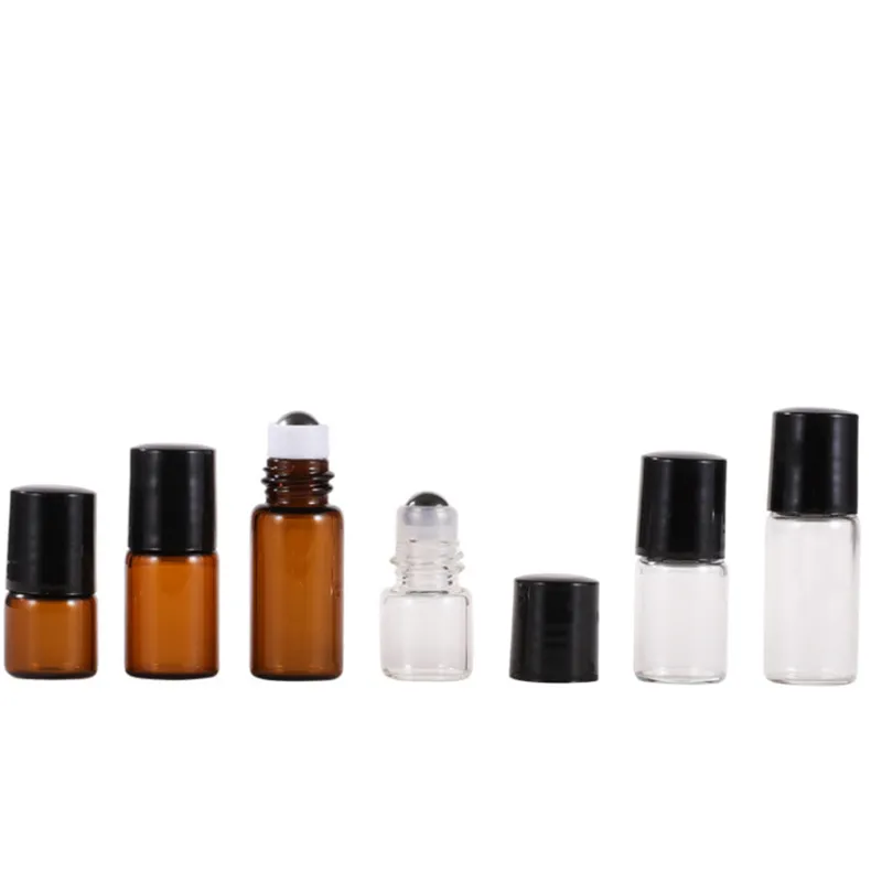 Pusty brązowe przezroczyste butelki z perfumami w rolce 1 ml 2 ml 3 ml 5 ml z czarnymi pokrywkami i stalową kulą 2400pcs/partia