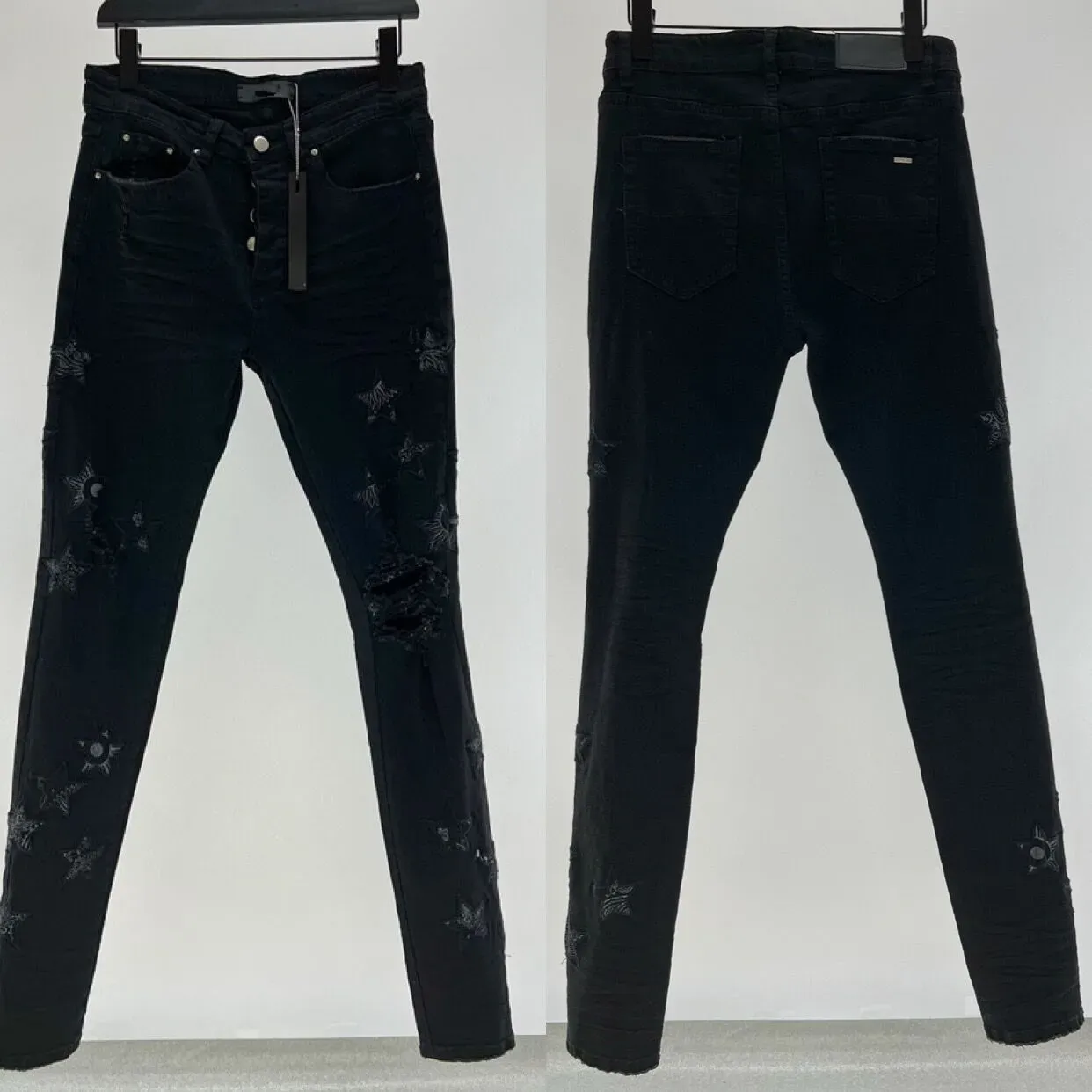 Mens Designer Jeans Star Ripped Jean Man Slim Jeans Casual dragkedja byxor Male Stretch Trouser Cashew Flower Patch Denim Pants CHG2307296