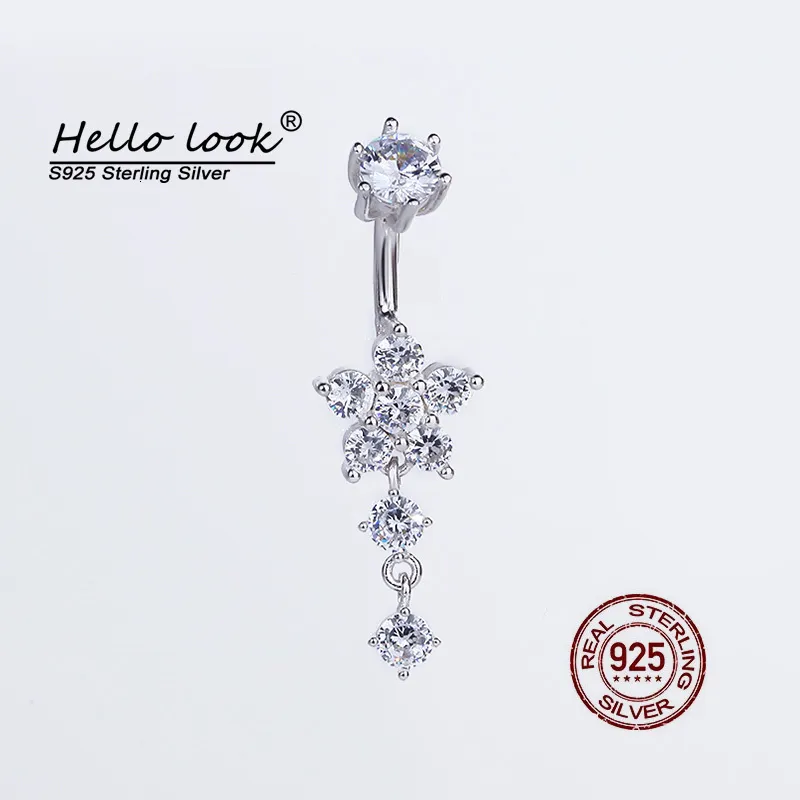 Navel Bell -knappen ringer Hellolook 925 Sterling Silver Belly Piercing Zircon Flower Body Jewelry Luxury Wedding Ring 230729