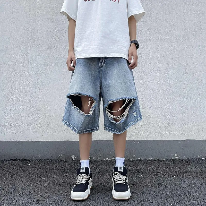 Men's Shorts Summer Torn Denim Five-Point Jorts Casual Hip Hop Wide Leg Straight Cargo Street Fashion