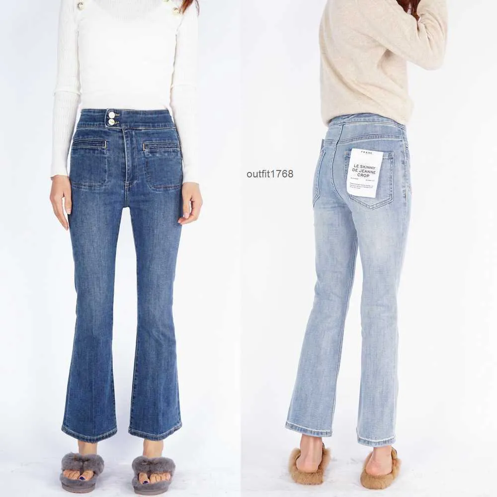 Fd Same Mid High French Waist Diseño de doble botón Slim Fit Micro Flared Jeans de 9 puntos