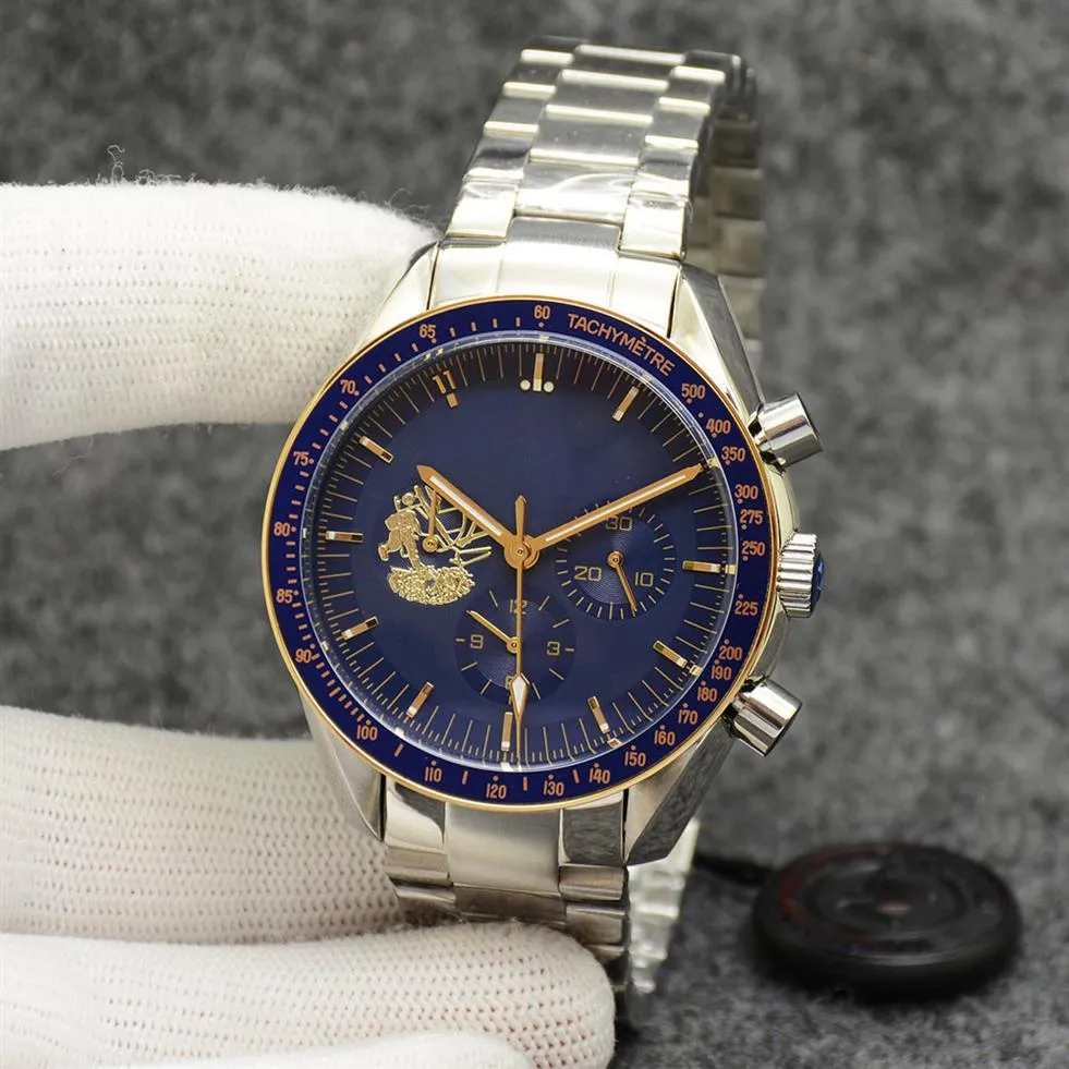 Eyes on the Stars Watch Chronograph Sports Battery Power Limited Two Tone Gold Blue Dial Quartz Professional Dive Arm Wristwatch Stain2745