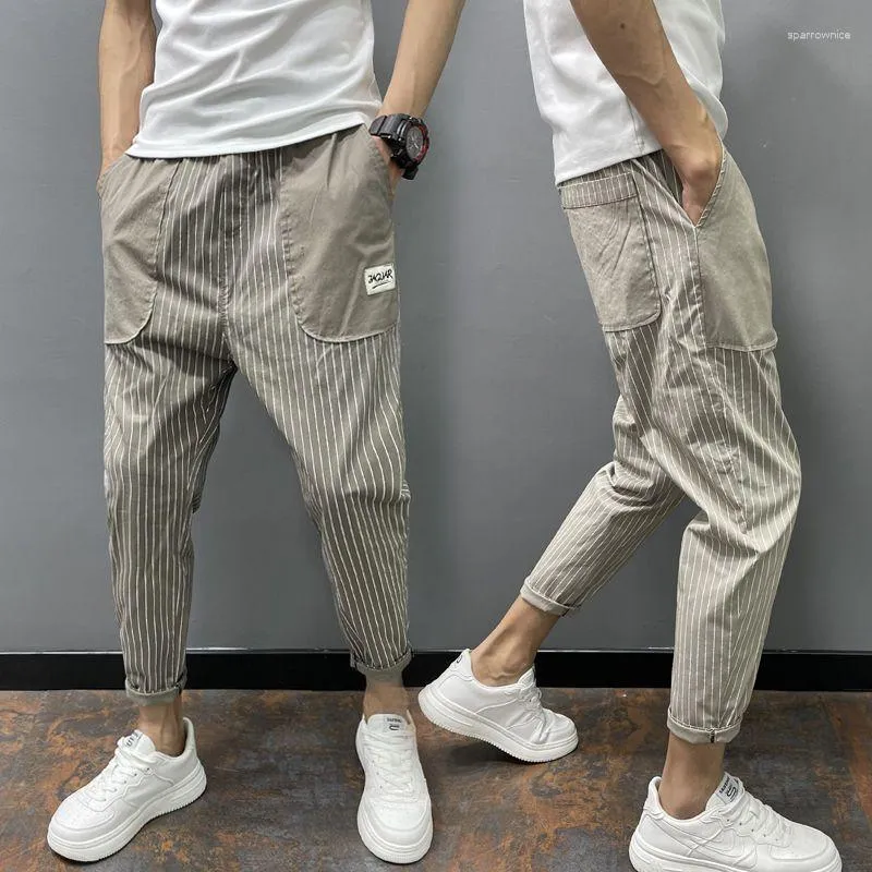 Pantaloni da uomo Estate Sottile a righe Casual Uomo Harajuku Cachi Larghi Nove punti Maschio Coreano Allentato Tasche Hip Hop Pantaloni Harlan