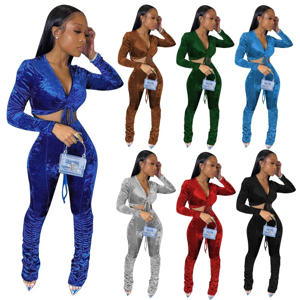 Designer Velvet Tracksuits Women Two Piece Set Outfits Autumn Long Sleeve Pullover V Neck Crop Top Stacked Pants Casual Solid Sportswear Wholesale Clothes