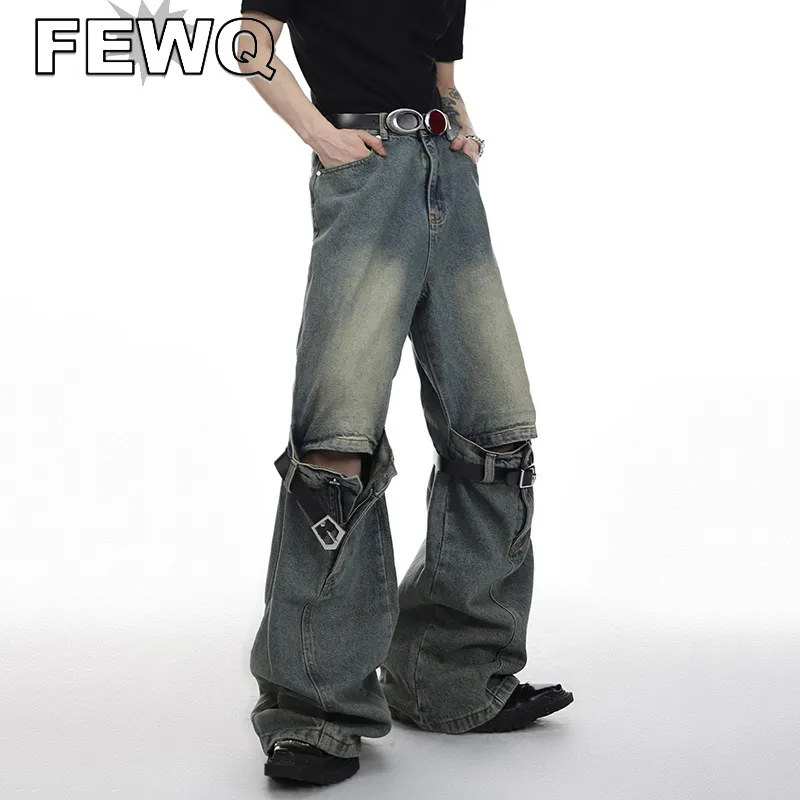 Mens Jeans Fewq Vintage Men skarvade Micro Flares Jeans American Style High Street Wide Leg Straight Denim Pant Personlighet 9A8932N 230729