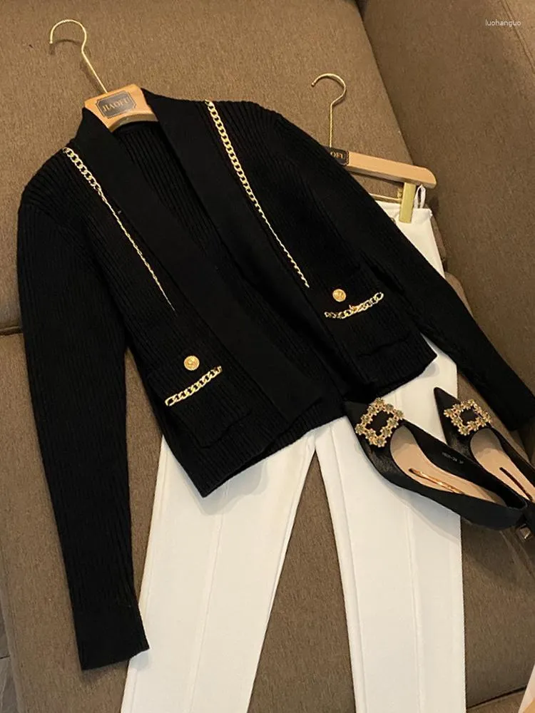 Kadın ceketleri cep v yaka zinciri örgü hırka bahar/kış 2023 batı tarzı uzun kollu siyah kazak ceket moda kısa