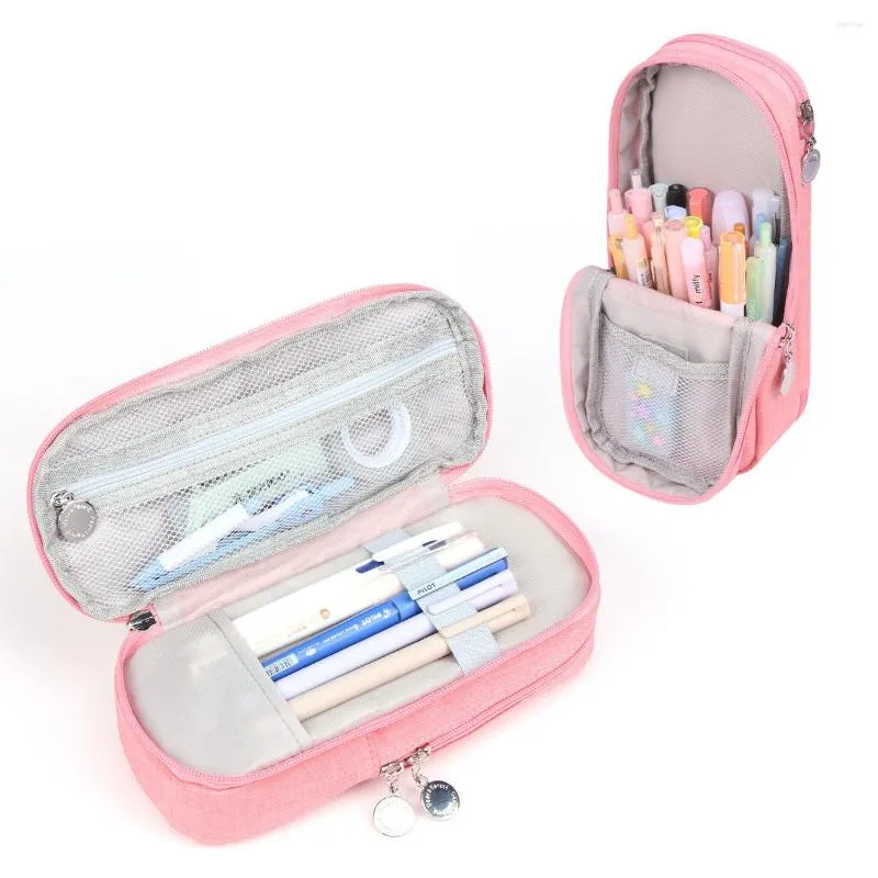 Large Capacity Pencil Case Multi-slot Pen Bag Pouch Holder For Middle High School Office College Girl Adult Simple Storage Pink