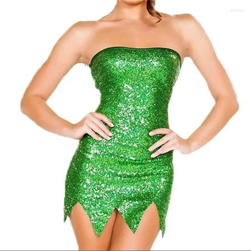 Robes décontractées femmes fée sans bretelles dos nu paillettes Slim Fit Mini robe Sexy irrégulière ourlet fête Clubwear femme Halloween 2023