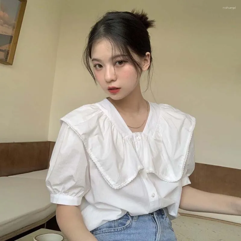 Women's Blouses White Short-sleeved Shirt Summer Design Sense Niche 2023 French Chic Doll Collar Puff Sleeve Top Casual Clothes