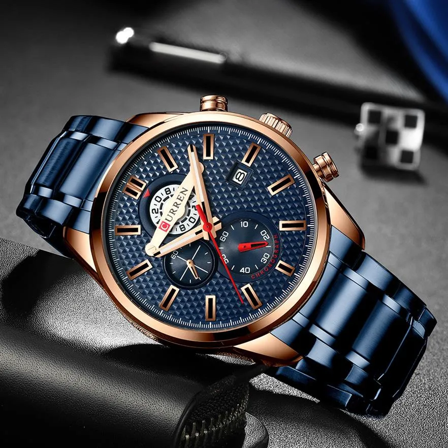 CURREN Business Men's Watch New Fashion Blue Quartz Wristwatch Esportes Aço Inoxidável Cronógrafo Relógio Causal Watches265r