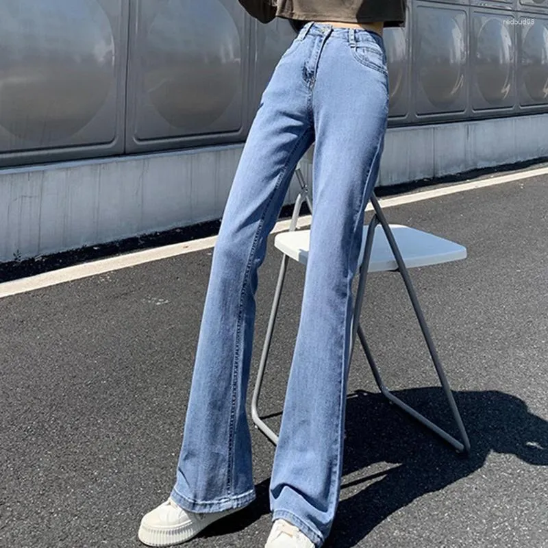 Damen-Jeans, gerader Schlauch, schmal, ausgestellt, für Herbst und Winter, kleine, hoch taillierte, elastische Hufhose