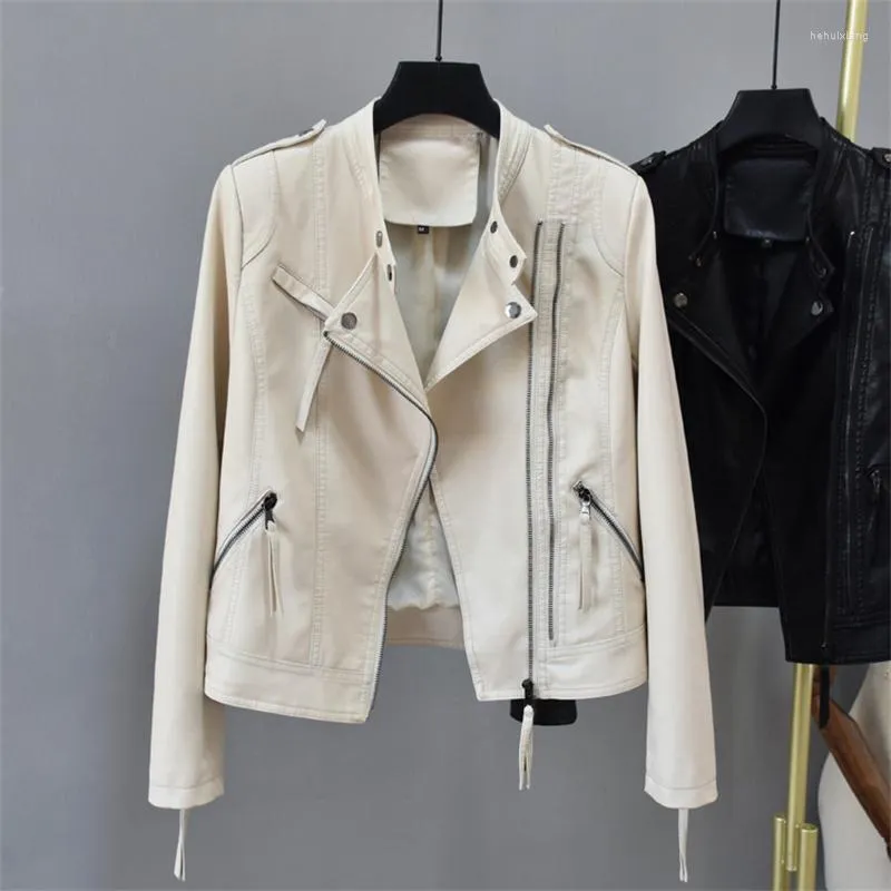 Giacca da donna in pelle da donna con colletto alla coreana, giacca sintetica corta nera, beige, con cerniera, manica lunga, motociclista in PU, streetwear femminile